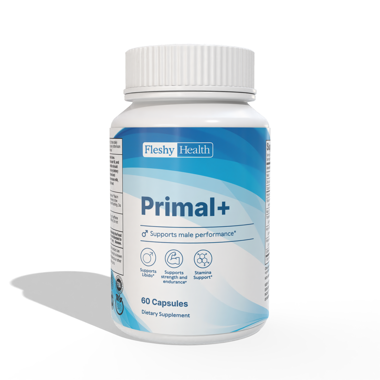 Supplement bottle labeled 'Primal+' by Fleshy Health on a white background