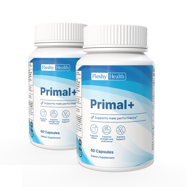 Two bottles of Fleshy Health Primal+ dietary supplement on a white background