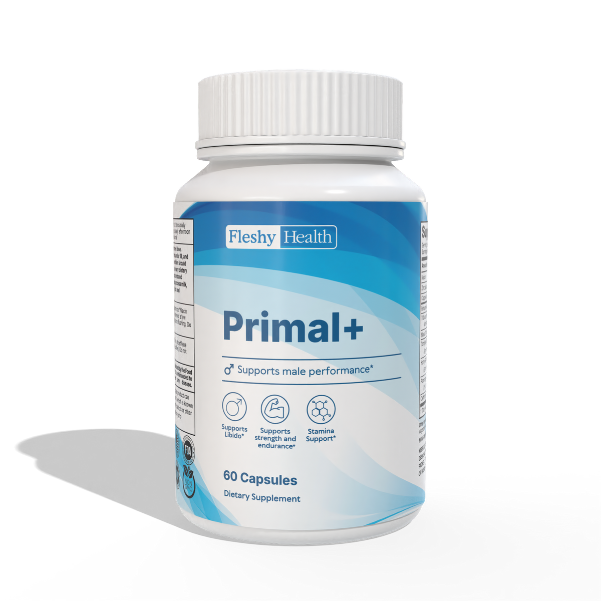 Supplement bottle labeled 'Primal+' by Fleshy Health on a white background