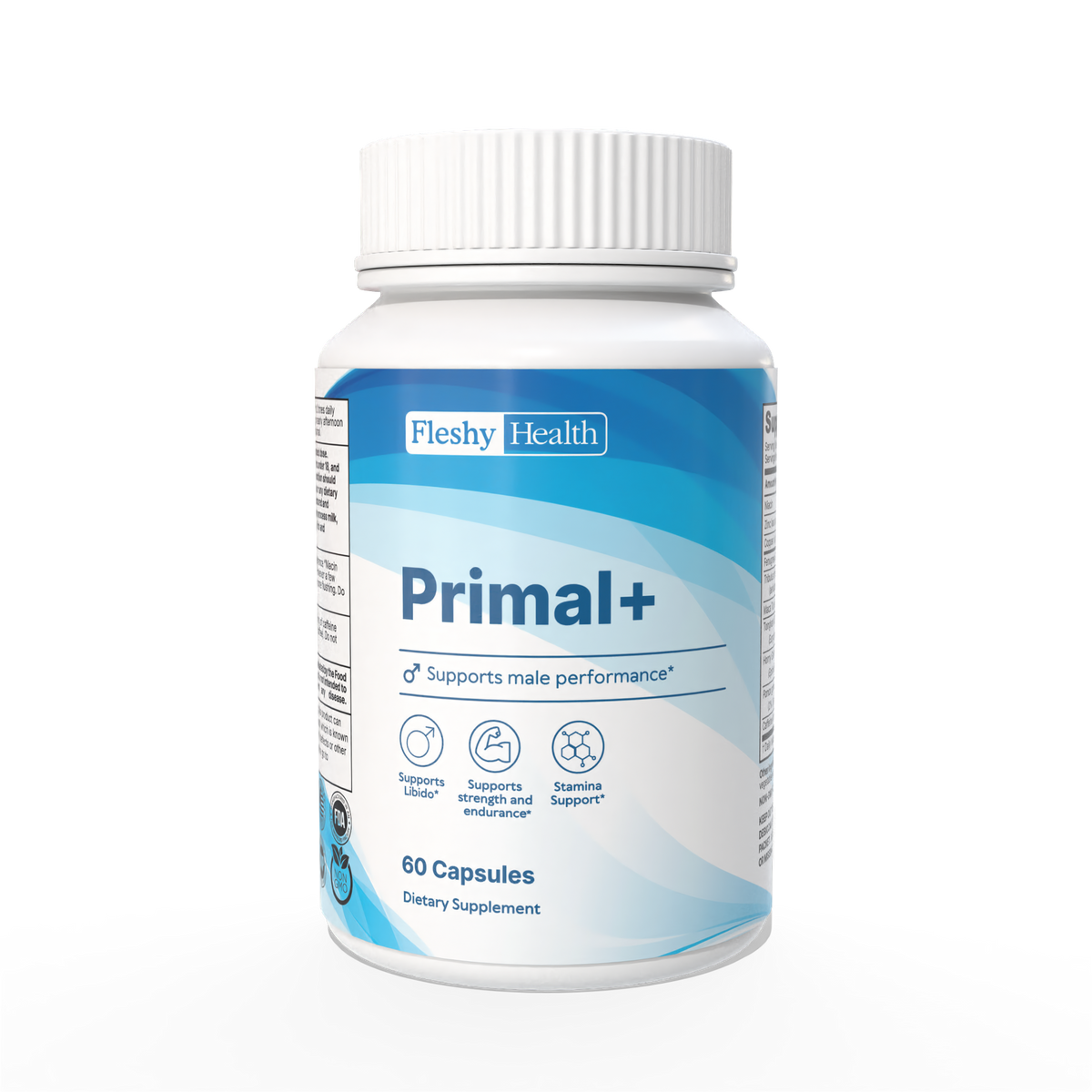 Supplement bottle labeled 'Primal+' by Fleshy Health on a white background