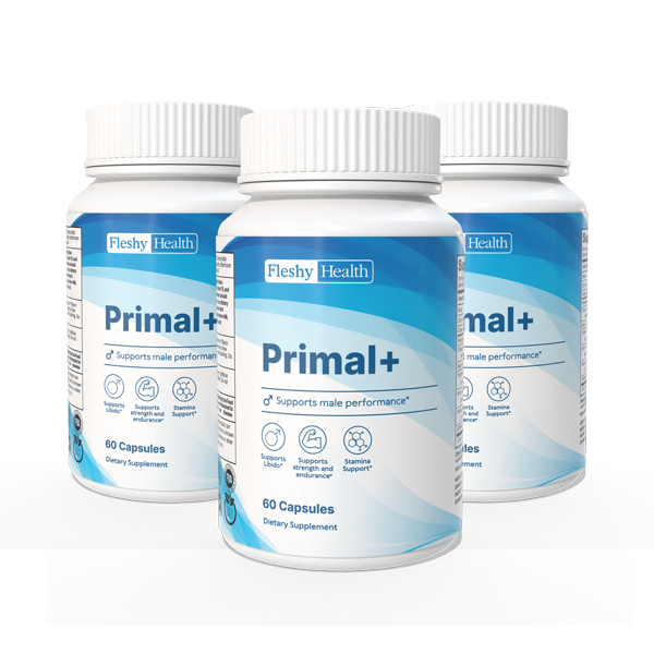 Three bottles of Fleshy Health Primal+ dietary supplement on a white background