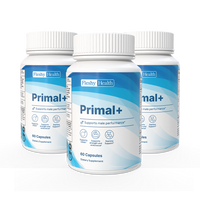 Three bottles of Fleshy Health Primal+ dietary supplement on a white background