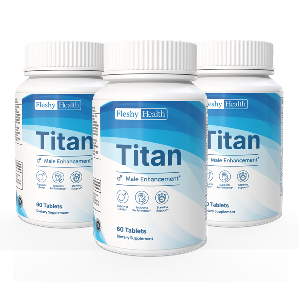 Three bottles of Fleshy Health Titan male enhancement supplement on a white background